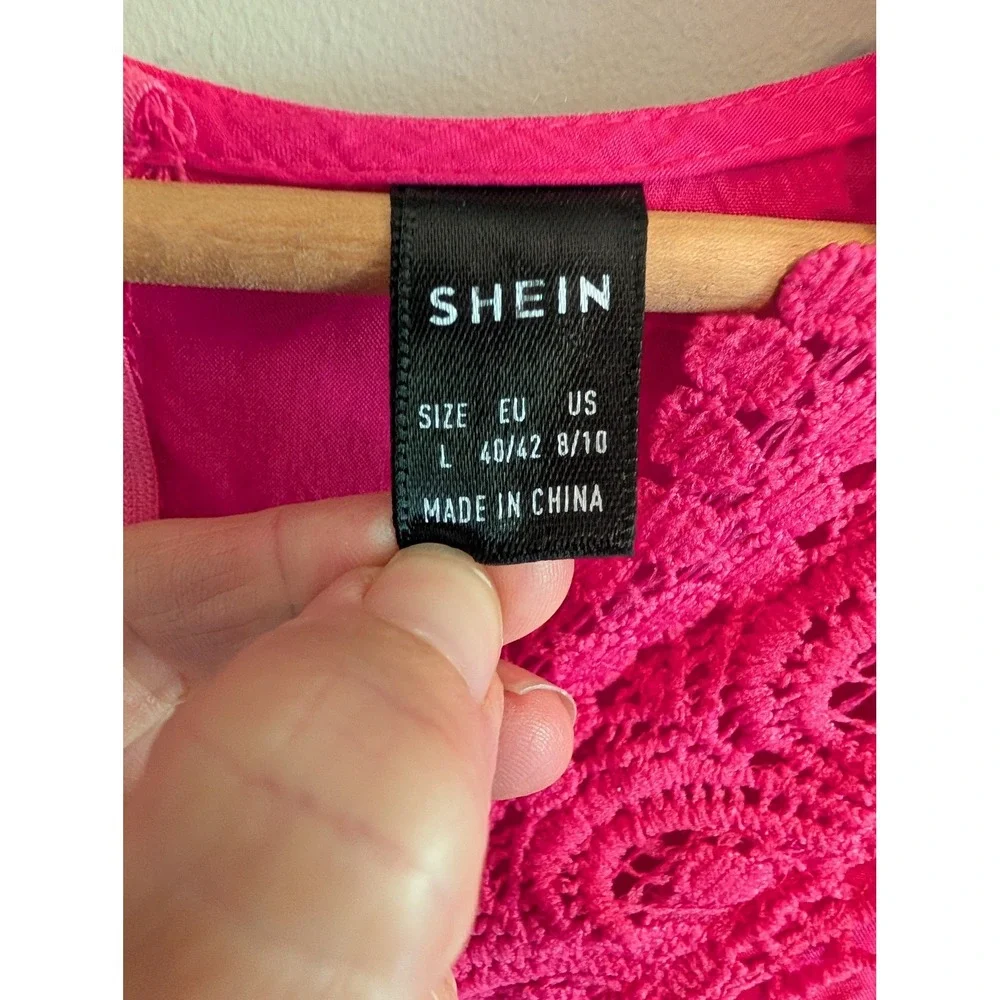 SHEIN Hot Pink Crochet Lace Tiered Maxi Dress Large Boho Beach Vacation Flowy